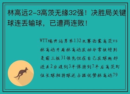 林高远2-3高茨无缘32强！决胜局关键球连丢输球，已遭两连败！